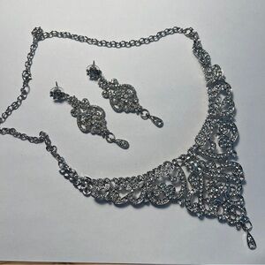 Jeweled Rhinestone Silver Statement Piece Necklace w/ Matching Drop Earrings